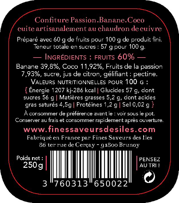 ingrédients confiture passion banane coco de fines saveurs des iles