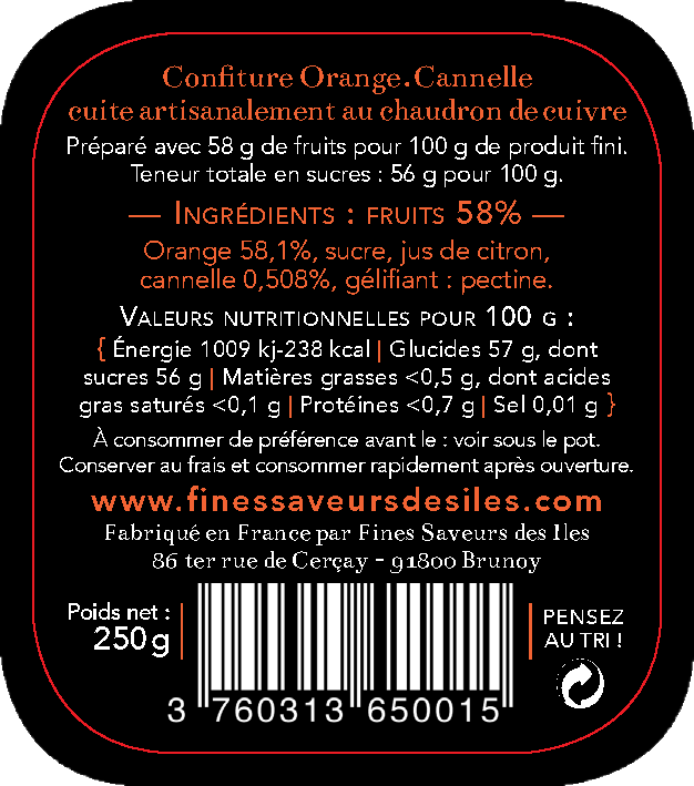ingrédients confiture artisanale orange cannelle de fines saveurs des iles
