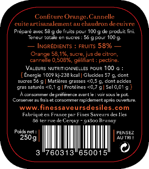 ingrédients confiture artisanale orange cannelle de fines saveurs des iles