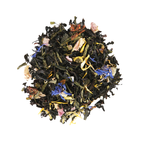 composition de notre thé des amoureux (- thé vert et noir - de fines saveurs des iles