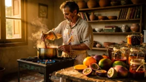 Artisan préparant une confiture exotique dans une cuisine rustique, révélant l'impact de l'artisanal sur le goût