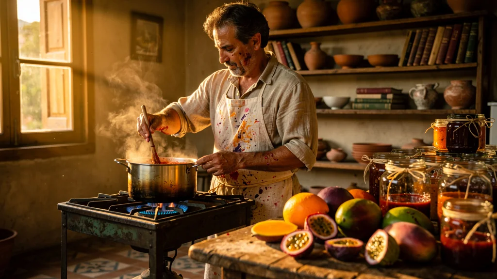 Artisan préparant une confiture exotique dans une cuisine rustique, révélant l'impact de l'artisanal sur le goût