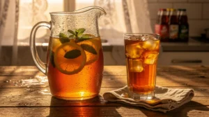 Thé glacé maison en verre avec citron et menthe sur table en bois, surpassant les bouteilles commerciales