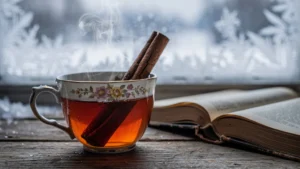 Tasse de thé d’hiver gâchée par une cannelle trop infusée sur une table en bois rustique
