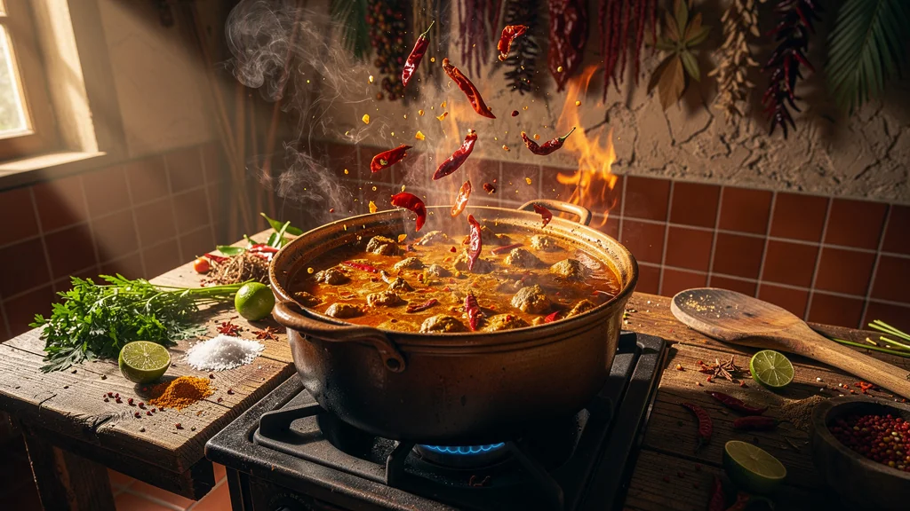 Curry de famille enflammé dans une cuisine rustique par un excès de piment dosé à l'œil