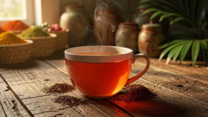 Tasse de rooibos infusé cinq minutes, couleur rouge ambrée intense, ambiance chaleureuse et naturelle
