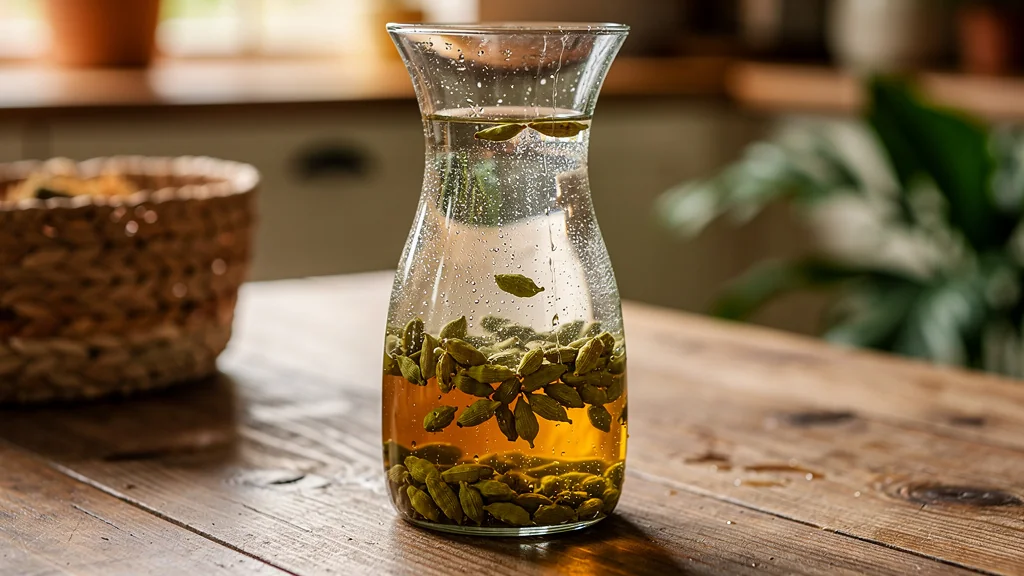 Verre d'eau infusée à froid toute une nuit avec de la cardamome fraîche, ambiance chaleureuse et naturelle