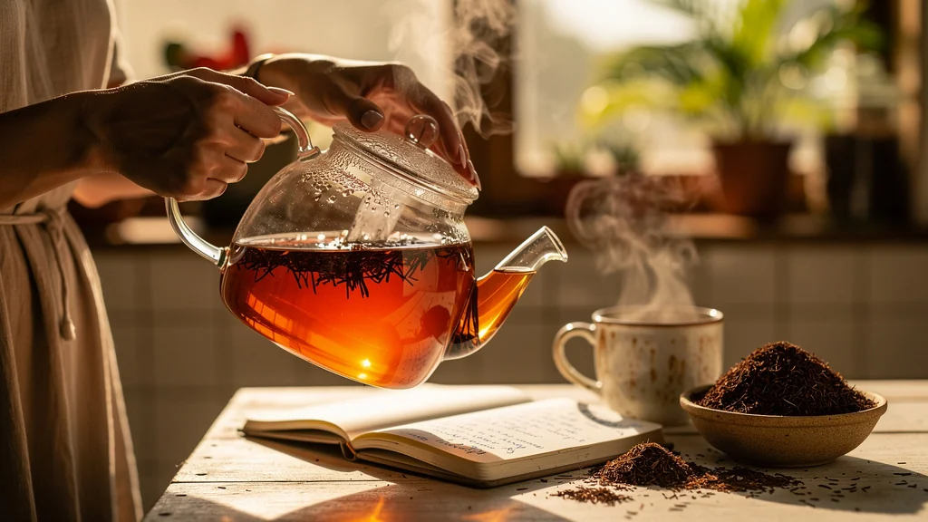 Infuser rooibos dans l'eau bouillante nuit à sa douceur, photo hyperréaliste d'une théière en verre fumante