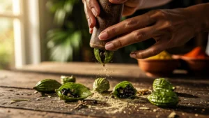 Gros plan ultra-réaliste de cardamome verte écrasée fraîche en cuisine sur plan de travail en bois
