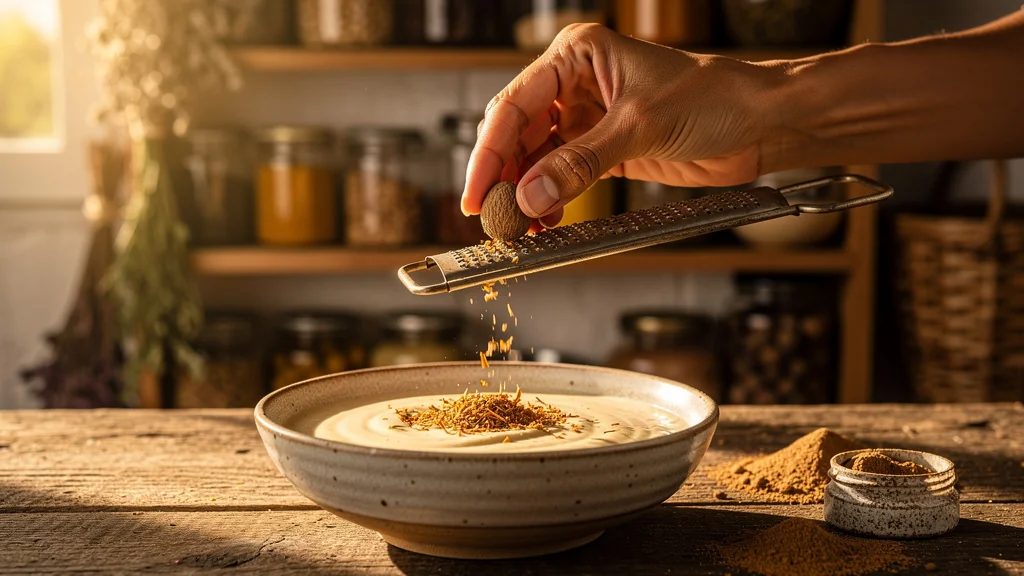 Nutmeg fraîchement râpée sur table en bois, valorisant la saveur contre la poudre décevante