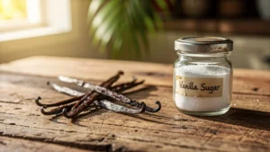Vanille fraîche éclatante à côté de sucre vanillé en pot sur plan de travail en bois rustique