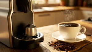 Capsule café sur machine moderne avec tasse fumante illustrant confort contre perte de goût