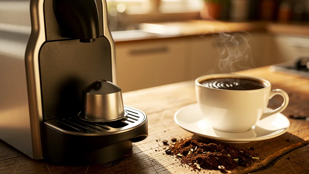 Capsule café sur machine moderne avec tasse fumante illustrant confort contre perte de goût