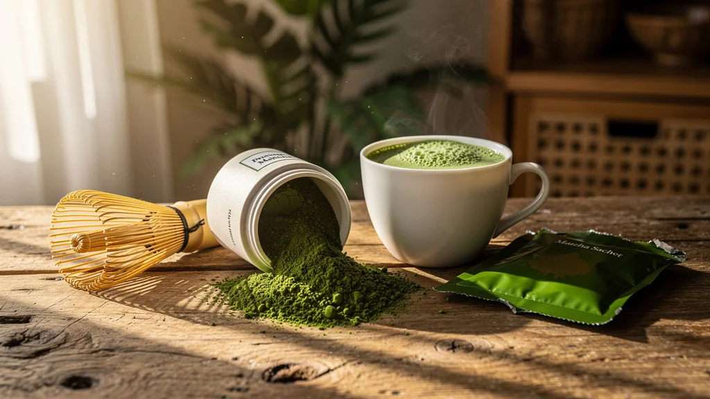 Photo réaliste d’un pot de poudre de matcha vibrant sur un comptoir en bois avec sachet vert déchiré à côté