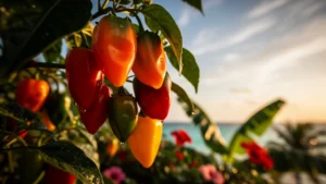 Gros plan hyperréaliste sur piments antillais mûrs aux couleurs vives en lumière dorée tropicale