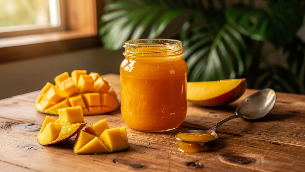 Pot de confiture de mangue maison sans pectine, prise en 45 minutes, ambiance cuisine aux saveurs des îles