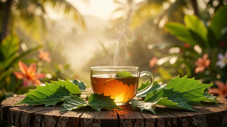 Tisane de feuilles de corossol fraîche en tasse sur table en bois dans jardin tropical lumineux