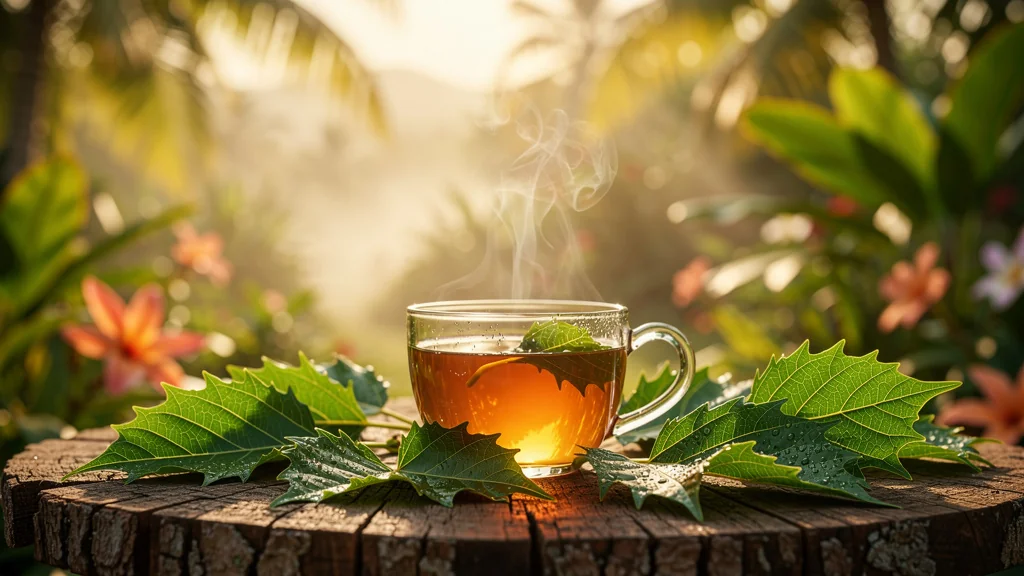 Tisane de feuilles de corossol fraîche en tasse sur table en bois dans jardin tropical lumineux