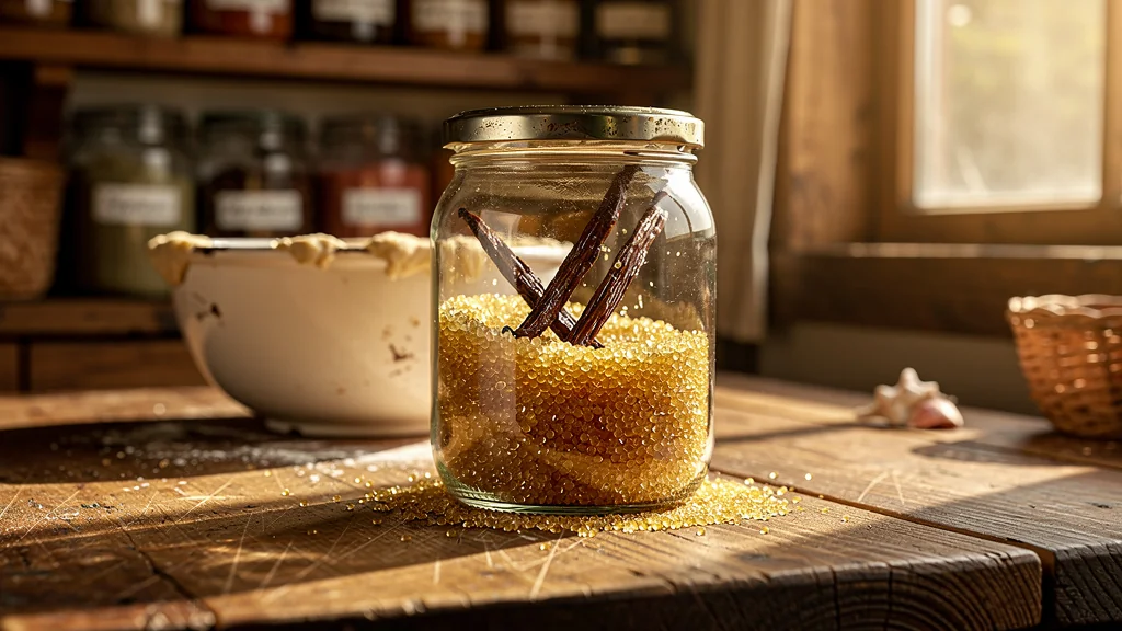 Pot de sucre infusé à la vanille pour parfumer les gâteaux pendant six mois en cuisine rustique