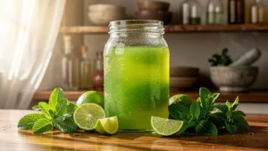 Bocal de sirop citron vert et menthe frais conservé trois semaines, ambiance cuisine naturelle et lumineuse