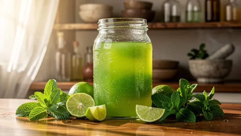 Bocal de sirop citron vert et menthe frais conservé trois semaines, ambiance cuisine naturelle et lumineuse