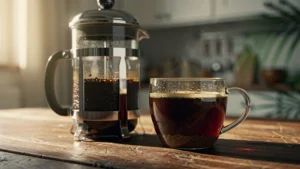 Tasse de café de piston avec du marc de café visible au fond après une infusion oubliée de filtrage