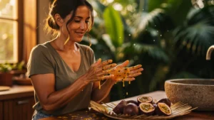 Femme aux mains poisseuses de pulpe de fruit de la passion fraîchement pressé en cuisine tropicale