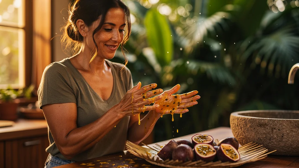 Femme aux mains poisseuses de pulpe de fruit de la passion fraîchement pressé en cuisine tropicale