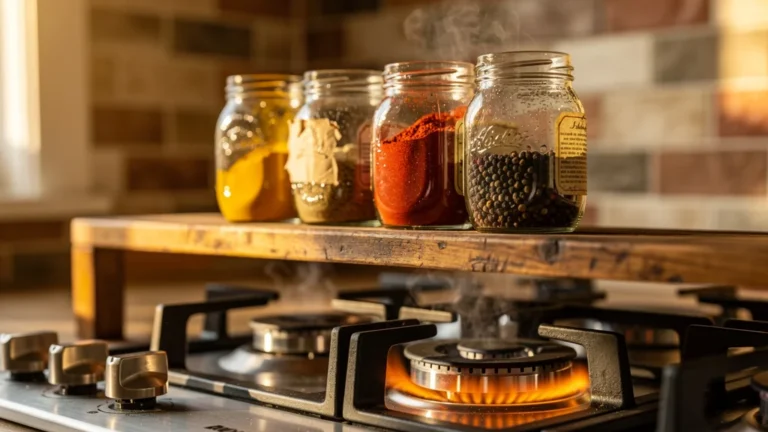 Épices fanées sur une étagère au-dessus des plaques de cuisson dans une cuisine moderne, lumière naturelle