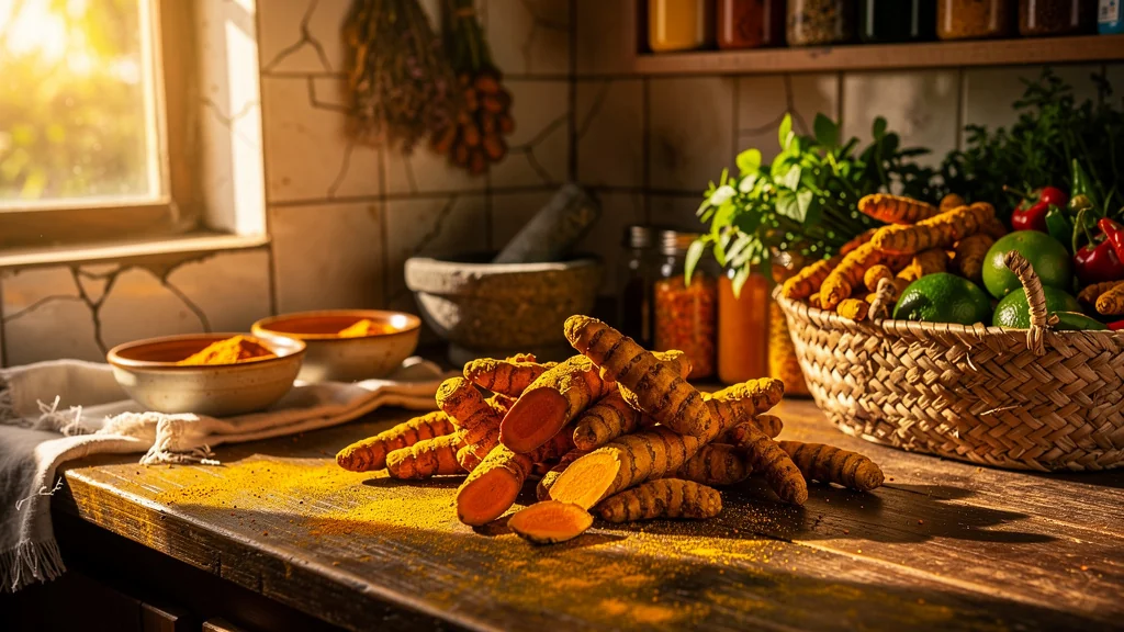 Cuisine colorée par du curcuma frais rapporté d'un marché, ambiance chaleureuse et lumineuse