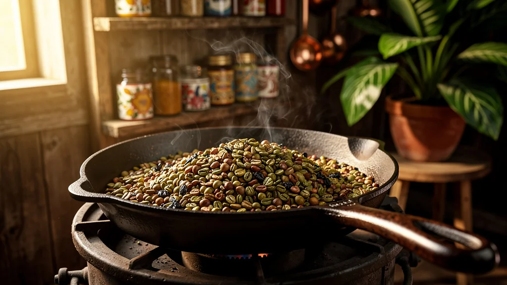 Torréfaction à la poêle de grains verts pour un café du matin riche en saveurs des îles