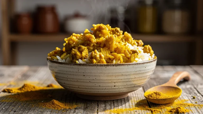 Bol de riz avec trop de curcuma jaune vif rendant le plat amer et immangeable