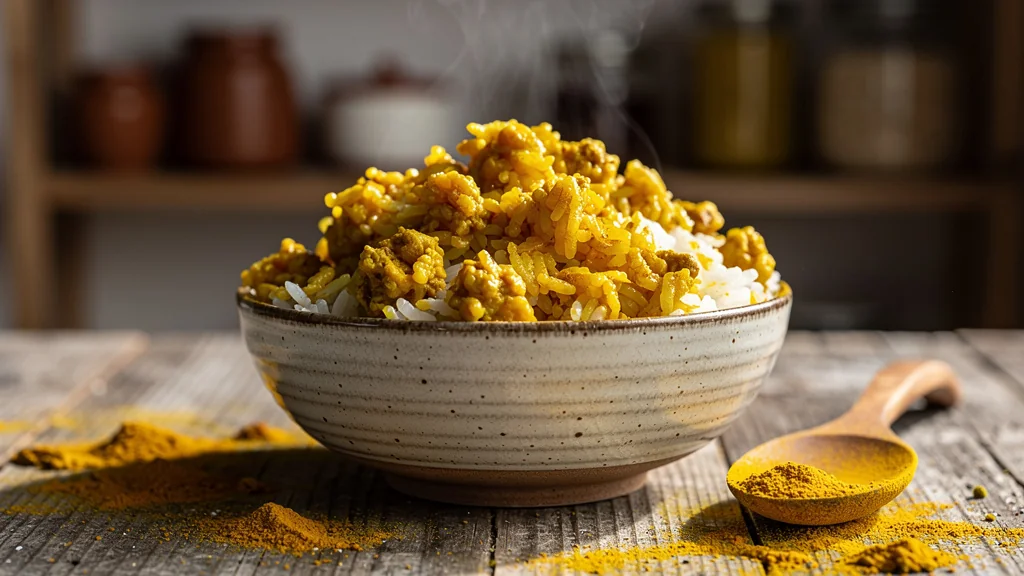 Bol de riz avec trop de curcuma jaune vif rendant le plat amer et immangeable