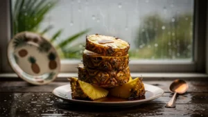 Ananas rôti au rhum sur table rustique, ambiance cosy d’un dimanche pluvieux, saveurs des îles