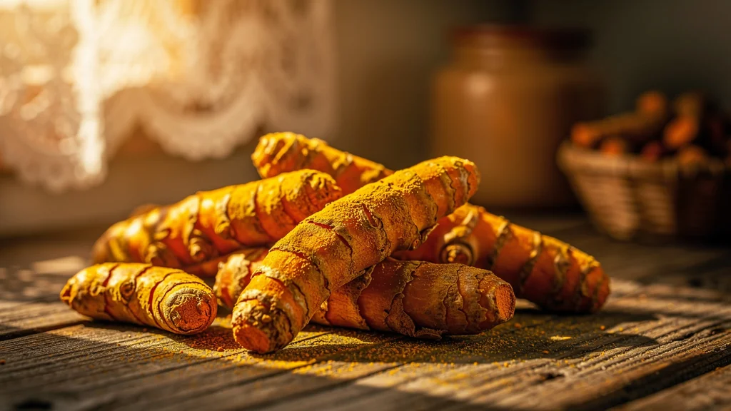 Curcuma séché maison aux couleurs vives conservées tout l'hiver sur une table rustique