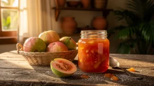 Pot de confiture de goyave maison sans pectine dans une cuisine rustique baignée de lumière naturelle
