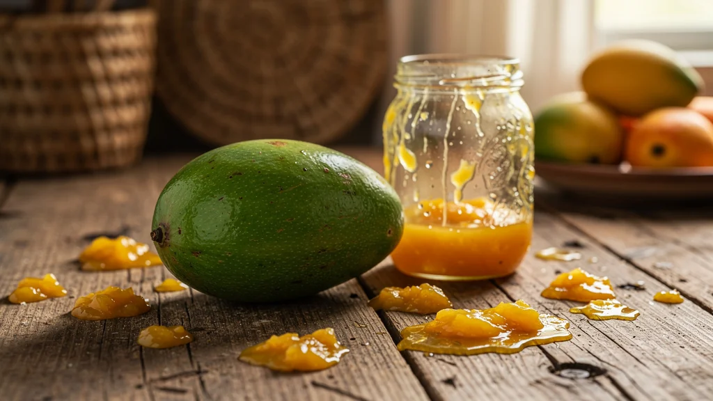 Mangue verte non mûre abîmée avec confiture ratée sur table en bois rustique, ambiance îles tropicales
